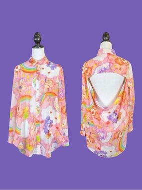 Iron Fist x Care Bears Kawaii Kidcore Retro Pastel Rainbow Sheer Open Back Top L